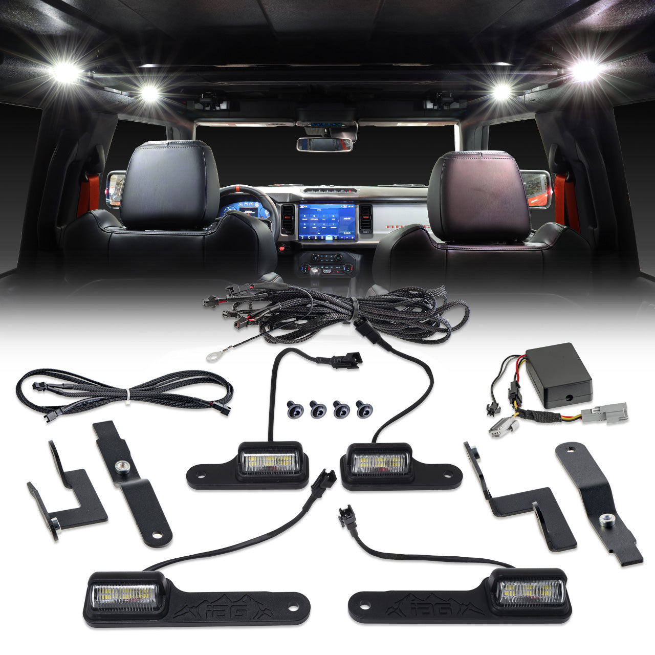 IAG 4PC Interior LED Dome Light Kit V2 With Harness For 2021+ Ford Bronco 4 Door Hardtop Only (Includes Brackets)