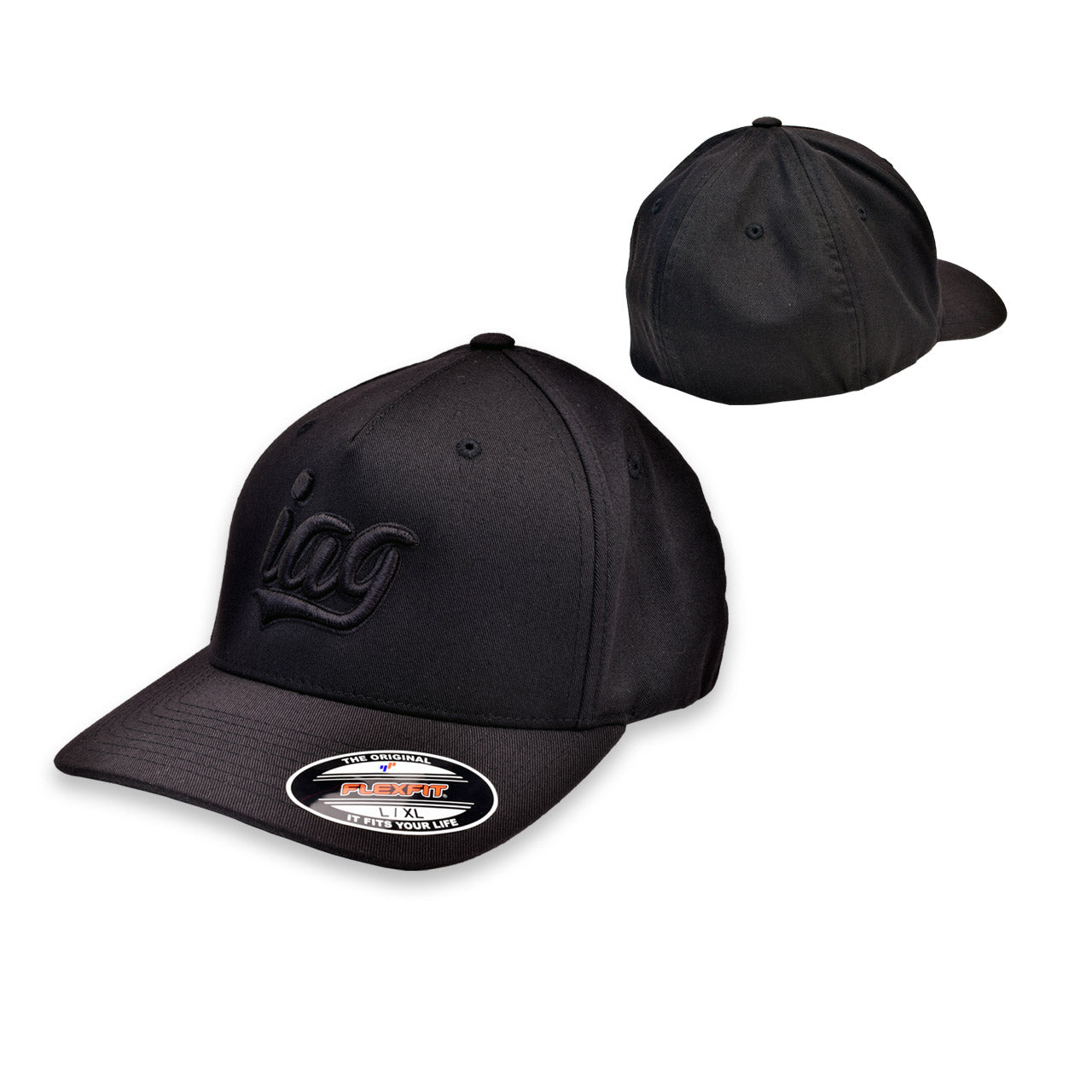 IAG Black Flexfit Cap With Black Script Logo - Size L/XL