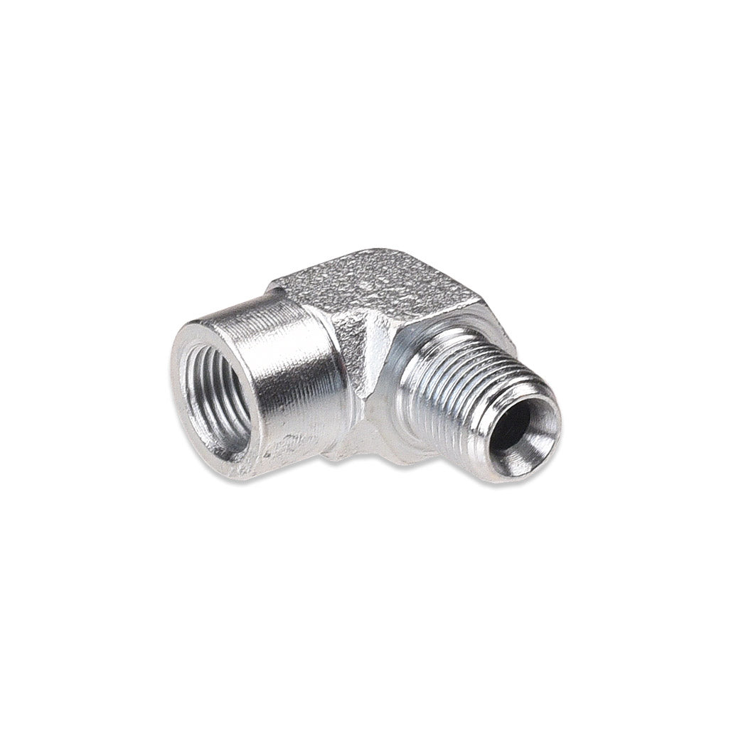 90 Degree 1/8 Inch NPT Male To Female Zinc Plated Fitting.