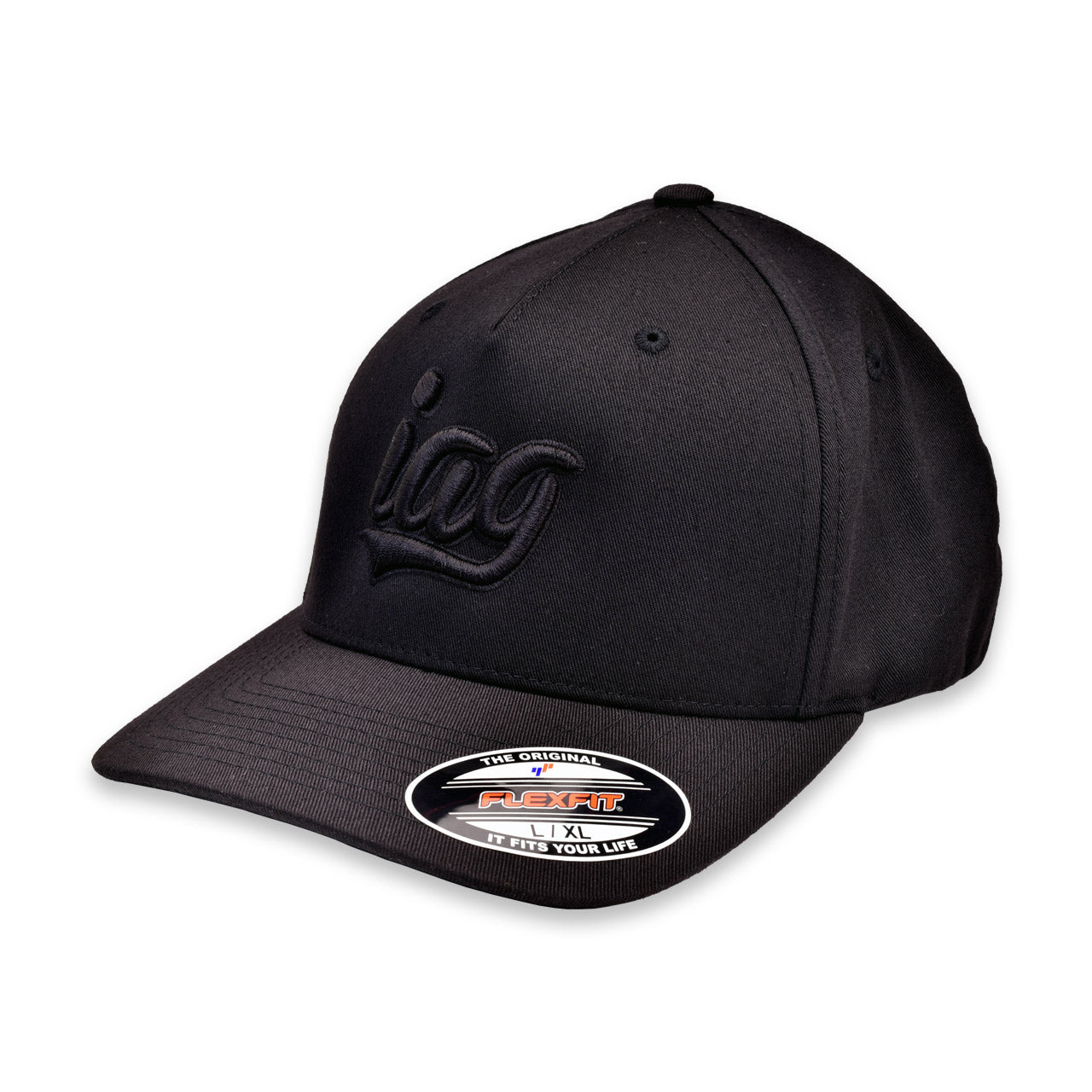 IAG Black Flexfit Cap With Black Script Logo - Size S/M