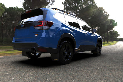 Rally Armor 22-24 Subaru Forester &amp; Wilderness Black UR Mud Flap w/White Logo